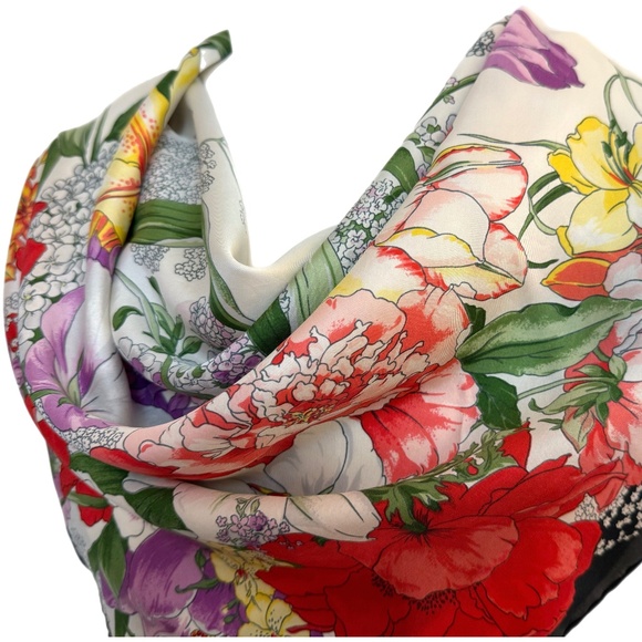 Vintage Silk Floral Scarf | Botanical Garden Print | Hand Rolled Edges - Picture 6 of 8